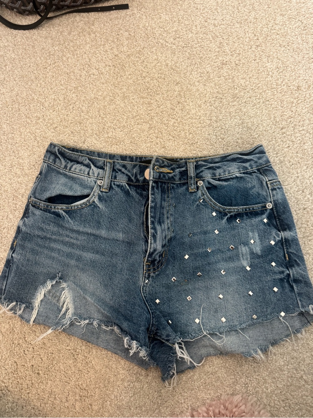 Ashley Mason Dark Blue Distressed Jean Shorts with Studs